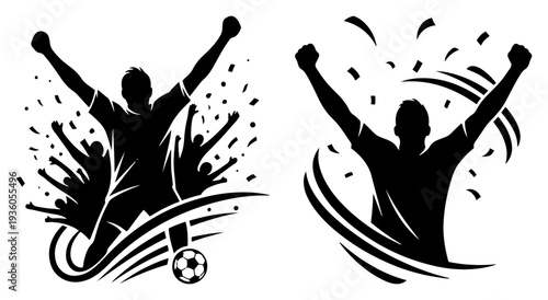 Dynamic soccer players celebrating a goal with confetti in a black and white style