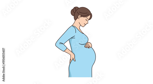 A pregnant woman in a light blue dress gently holds her rounded belly and lower back, standing in profile against a simple white background.