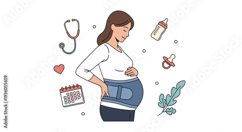 A pregnant woman wearing a blue maternity support belt is surrounded by floating icons like a stethoscope, calendar, baby bottle, and pacifier.