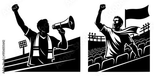 Passionate football supporters cheering with megaphone and flag in the stadium stands