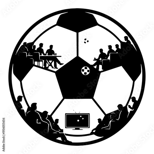 Conceptual illustration of football fans watching a game on TV inside a soccer ball frame