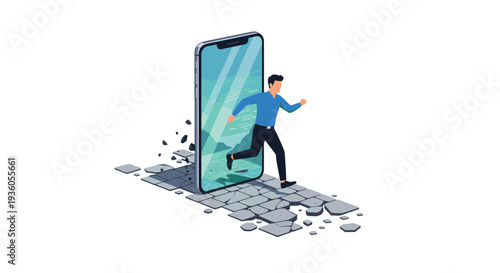 A man in a blue shirt is shown running out of a large smartphone screen onto a path of crumbling gray pavement.