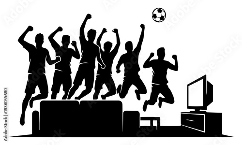 Excited fans jumping for joy in front of the television while watching a soccer match at home