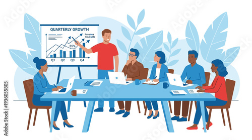 Business professionals engaged in a meeting around a table with a presenter displaying graphs