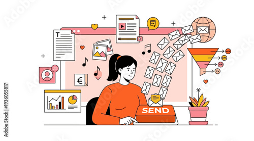 Woman sending emails and messages from her workspace surrounded by digital icons and documents