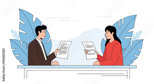 Man and woman exchanging documents across a table with a calm office environment and subtle leaf decorations