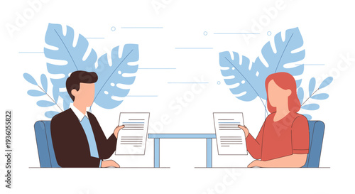 Two individuals seated across from each other at a table reviewing documents in a serene environment surrounded by foliage