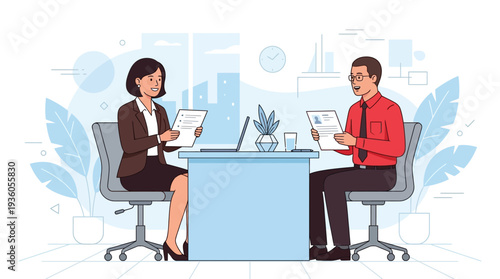 Two professionals engaged in a meeting discussing documents across a table in a modern office setting from a slightly elevated viewpoint