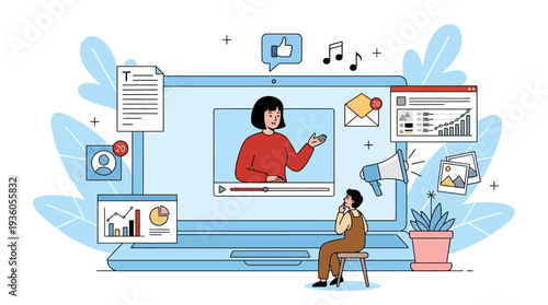 Woman presenting online content on a large screen with interactive elements and a person sitting next to the device in a modern environment