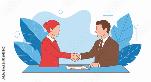 Man and woman shaking hands over documents on a blue table surrounded by blue leaves