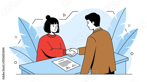 Business partners shaking hands over a contract on a desk surrounded by plants in a modern office