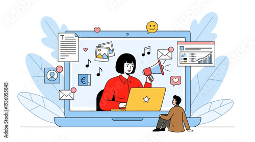 Person working on laptop surrounded by digital icons and graphics in a modern workspace environment from a frontal viewpoint