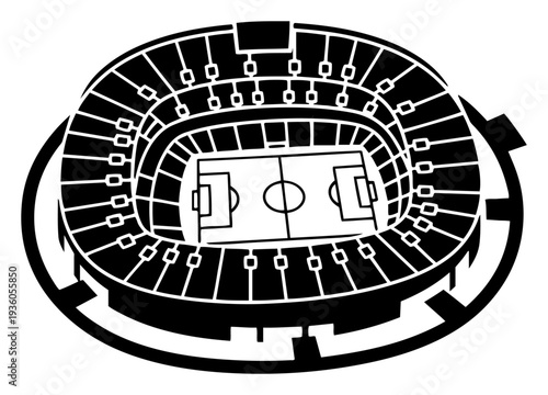 Aerial view of a large modern circular soccer stadium with a grass field