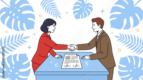 Two professionals shaking hands over a business agreement on a table with a tropical background illustration
