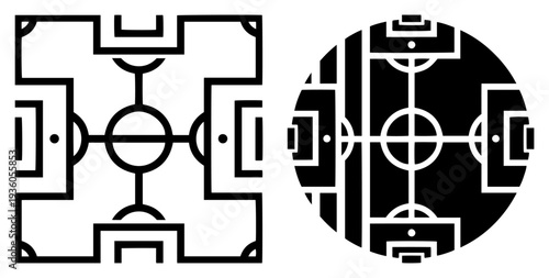 Geometric top view layout of a soccer field pitch for tactical strategy