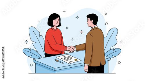Man and woman shaking hands over a document on a table in a professional setting