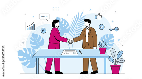 Two professionals shaking hands over a desk with documents and plants in a modern office setting