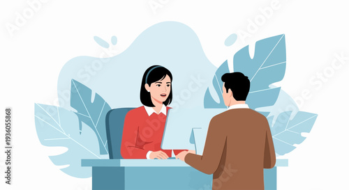 Woman and Man Interacting at a Desk with Plants in a Professional Office Setting from a Slightly Elevated Viewpoint