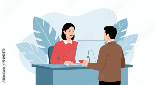 A woman sitting at a desk interacting with a man standing opposite her in an office environment from a slight side viewpoint