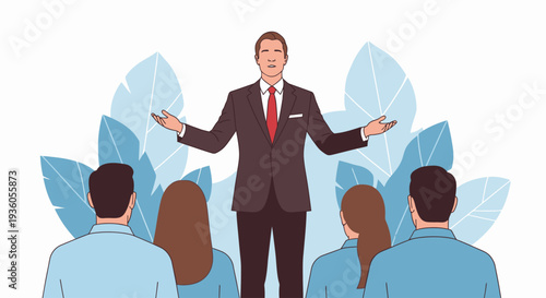 Businessman presenting to colleagues in a modern office environment from a frontal viewpoint