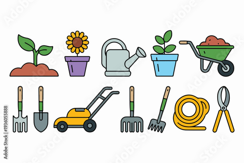 Colorful Set Of Gardening Tools And Plants Illustration