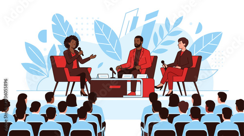 Three people engaging in a panel discussion on stage in front of an audience seated in a conference hall