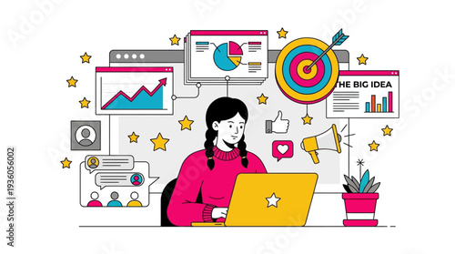 Woman working on laptop surrounded by creative graphics and charts in a productive workspace setting