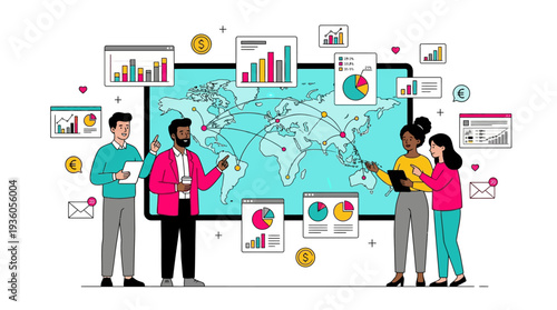 Team discussing global data trends and analytics on a large digital display with charts and maps