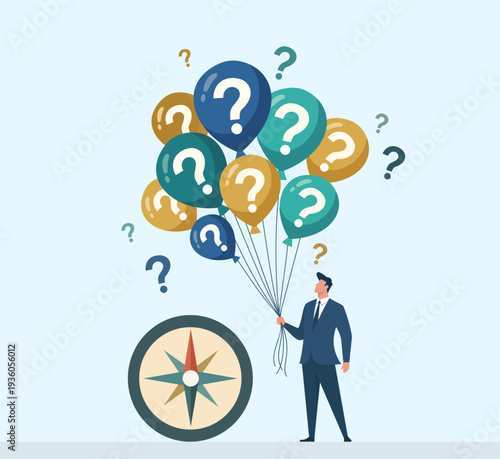 Businessman Holding Question Mark Balloons Next to Compass, Finding direction amidst uncertainty, Solving complex business problems, Navigating through questions, Seeking guidance and answers