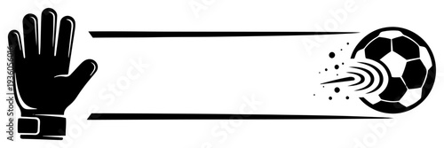 Soccer goalkeeper glove and flying ball banner frame for sports text