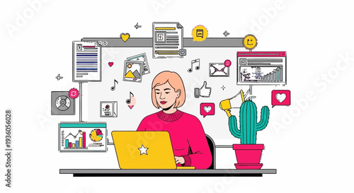 Woman working on laptop surrounded by digital icons and cactus on desk in modern workspace