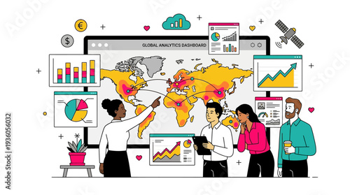 Team analyzing global data trends on a large screen with maps and charts in a modern office setting from a slightly elevated viewpoint