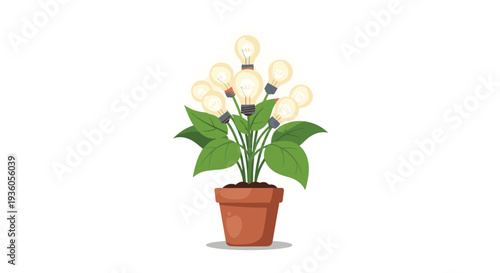 A unique potted plant with vibrant green leaves and multiple glowing light bulbs as flowers is depicted growing from a brown pot against a clean white background.