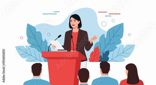Woman speaking at a podium in front of an audience with decorative leaves surrounding her