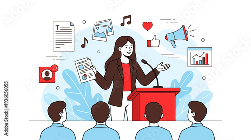 Woman presenting at a podium to an audience with various media and icons surrounding her