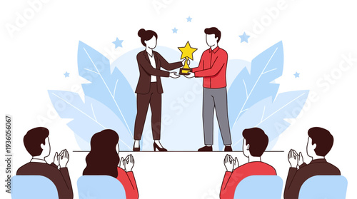 Man and woman exchanging award on stage in front of applauding audience, illustration depicting achievement and recognition