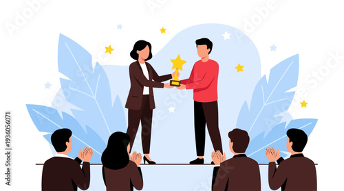Business professionals exchanging award on stage surrounded by applauding colleagues and decorative leaves
