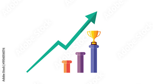 A vibrant green upward-trending arrow soars over three classical columns of increasing height, culminating in a golden trophy on the tallest blue column, all against a clean white background.