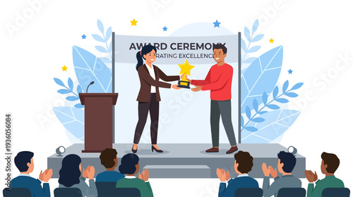 Man and woman on stage exchanging an award at a formal ceremony surrounded by applauding audience members