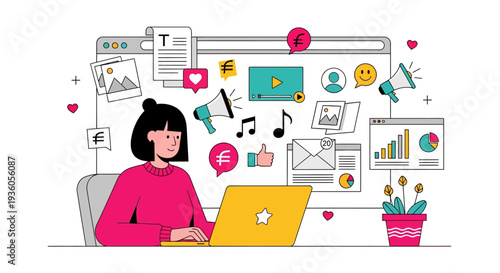 Woman working on laptop surrounded by digital icons and graphics in a creative workspace environment from a front viewpoint