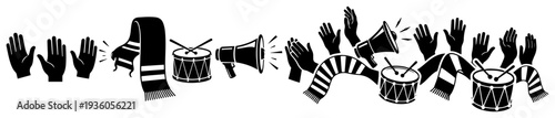 Football fan cheering elements banner with hands scarves drums and megaphones silhouettes