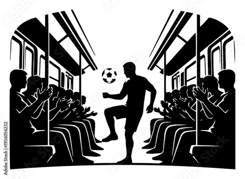 Silhouette of a professional soccer player juggling a ball inside a crowded subway train with clapping passengers