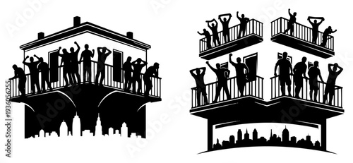 Enthusiastic football supporters cheering from apartment building balconies overlooking the city skyline silhouette