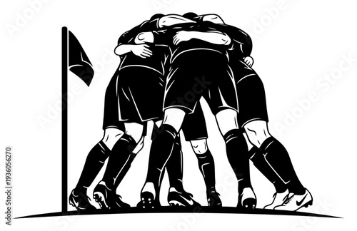 Vector illustration of soccer teammates huddled together in a circle celebration near the corner flag