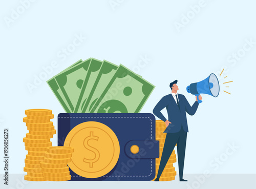 Businessman Announcing Financial News With Megaphone By Giant Wallet And Coins, Promoting financial success and wealth, Business announcement and financial news, Corporate profit and revenue growth