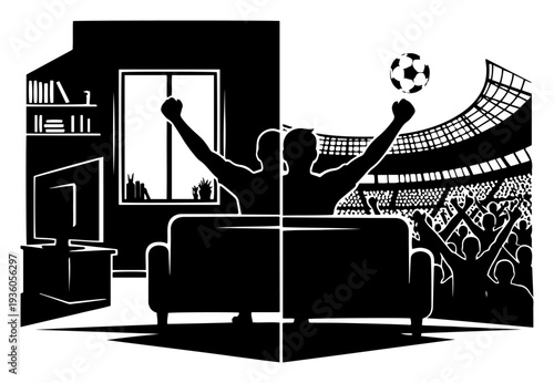 Conceptual illustration comparing a soccer fan watching a game at home and the stadium atmosphere