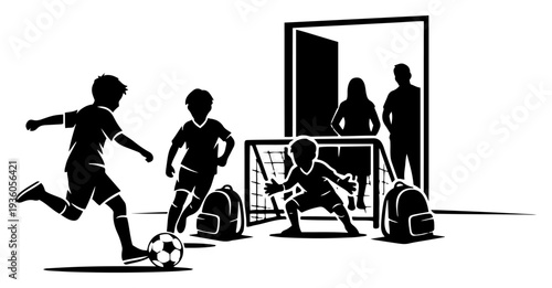 Silhouettes of children playing soccer in a backyard with parents watching them