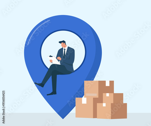 Businessman Sitting In Location Pin Checking Logistics Inventory, Supply chain management and tracking, Delivery location and shipping coordination, Inventory control and auditing