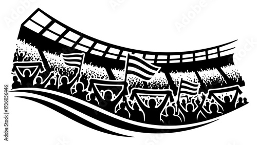 Enthusiastic soccer supporters cheering with flags and scarves in the stadium stands