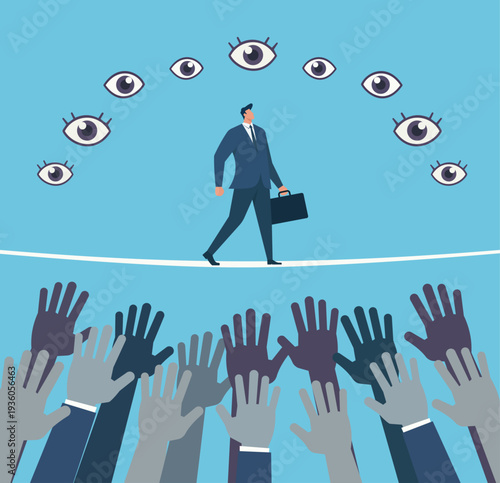 Businessman Balancing On Tightrope Under Public Scrutiny And Pressure, Working under constant observation and audit, High stakes risk management in business, Facing public pressure and criticism